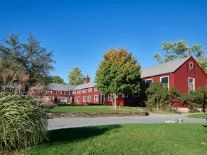 red barn, green trees, Bennington college